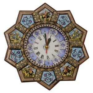 Horloge murale en bois persane artisanale – Art du marqueterie Khatam, Behdad