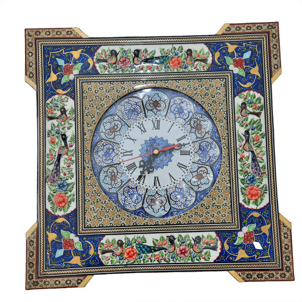 Horloge murale en bois persane artisanale - Art du marqueterie Khatam, Oiseaux II