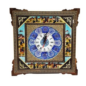 Horloge murale en bois persane artisanale – Art du marqueterie Khatam, Mahsan