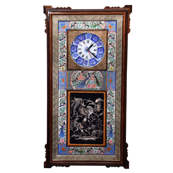 Horloge murale en bois persane artisanale - Art du marqueterie Khatam, Simorgh