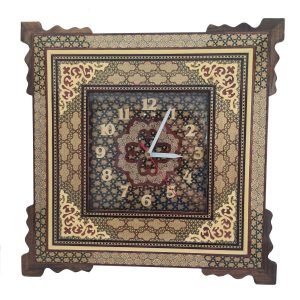 Horloge murale en bois persane artisanale – Art du marqueterie Khatam, Arad