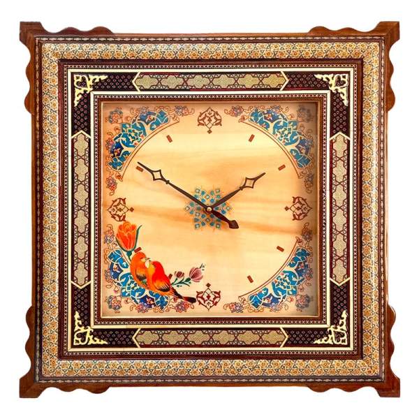 Horloge murale en bois persane artisanale - Art du marqueterie Khatam, Araz