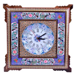 Horloge murale en bois persane artisanale – Art du marqueterie Khatam, Asa