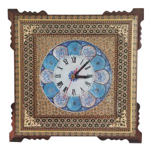 Horloge murale en bois persane artisanale – Art du marqueterie Khatam, Mahla