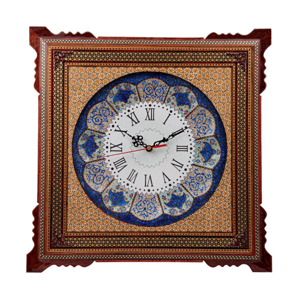 Horloge murale en bois persane artisanale - Art du marqueterie Khatam, Parvaresh II