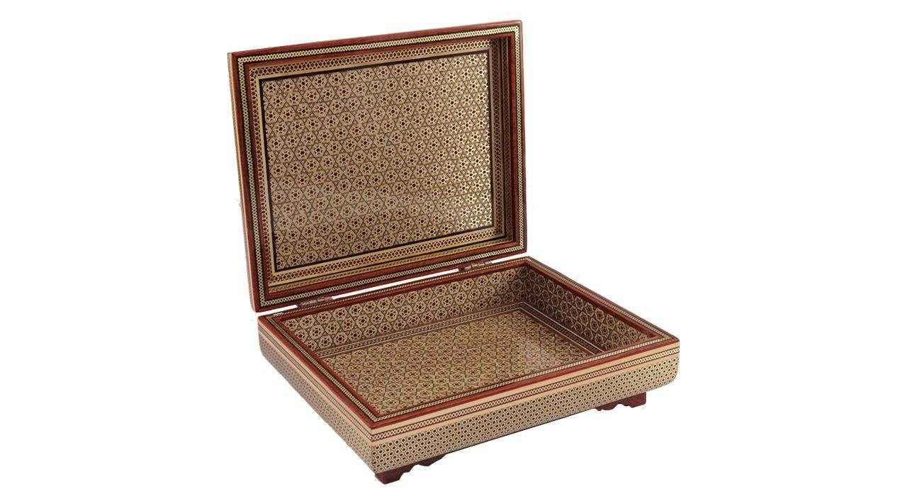 Boîte à bijoux artisanale en bois avec motif persan Khatam – Modèle Goharan