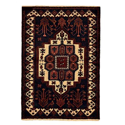 Tapis persan noué main Hamadan - Médaillon géométrique tribal - Laine noire