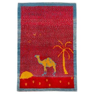 Tapis Gabbeh en laine persane tissé à la main avec motifs animaliers Chameau I