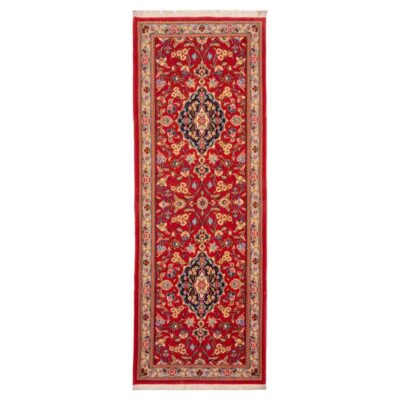 Tapis couloir persan Qom Nafas 2m – Médaillon floral, laine de liège rouge