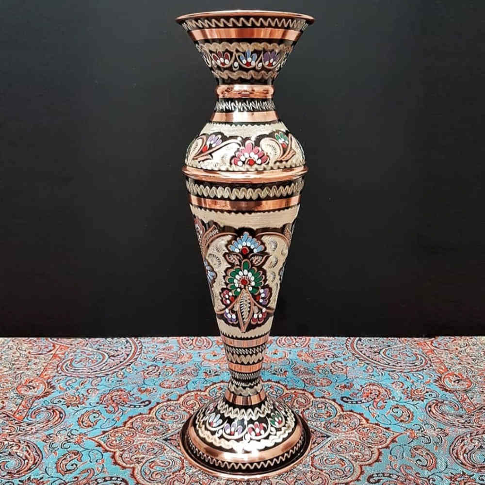 Vase en cuivre décoratif peint à la main avec émail Minakari persan Sarvin