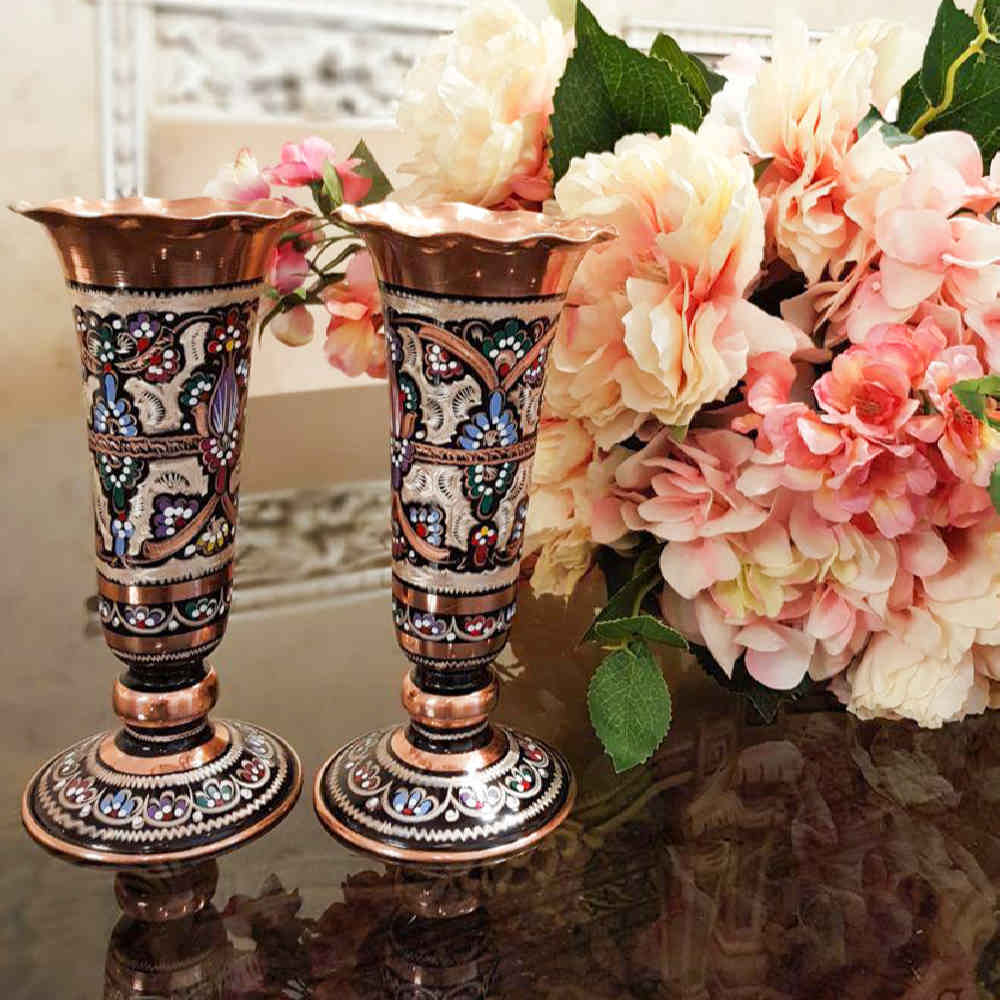 Vase en cuivre décoratif peint à la main avec émail Minakari persan Sheypoori