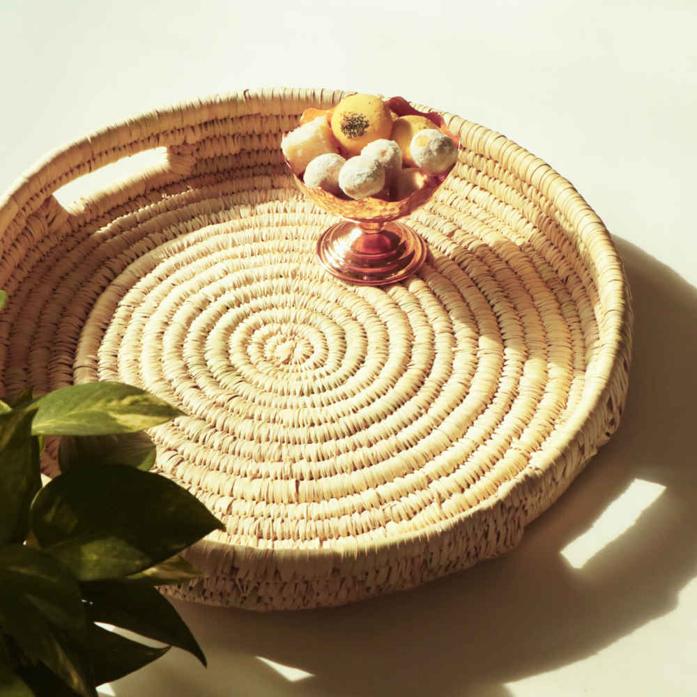 Panier de rangement en feuille de palmier tissé à la main persan avec poignées modèle Mahya