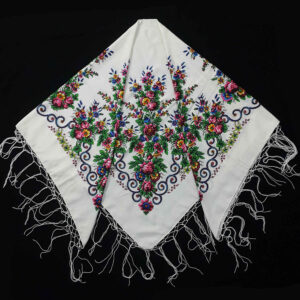 Écharpe Ethnique Turkmène – Élégance et Tradition avec un Motif Floral en Blanc