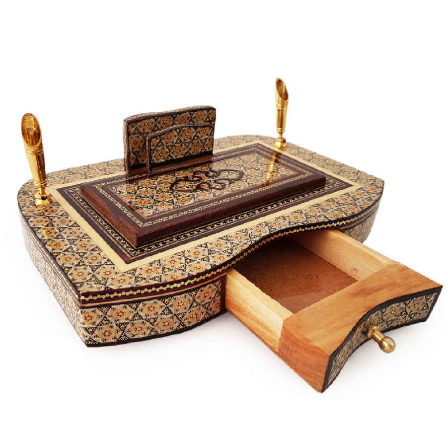 Porte-stylo en bois persan fait main pour bureau – Art Khatamkari Élégance, Luxe