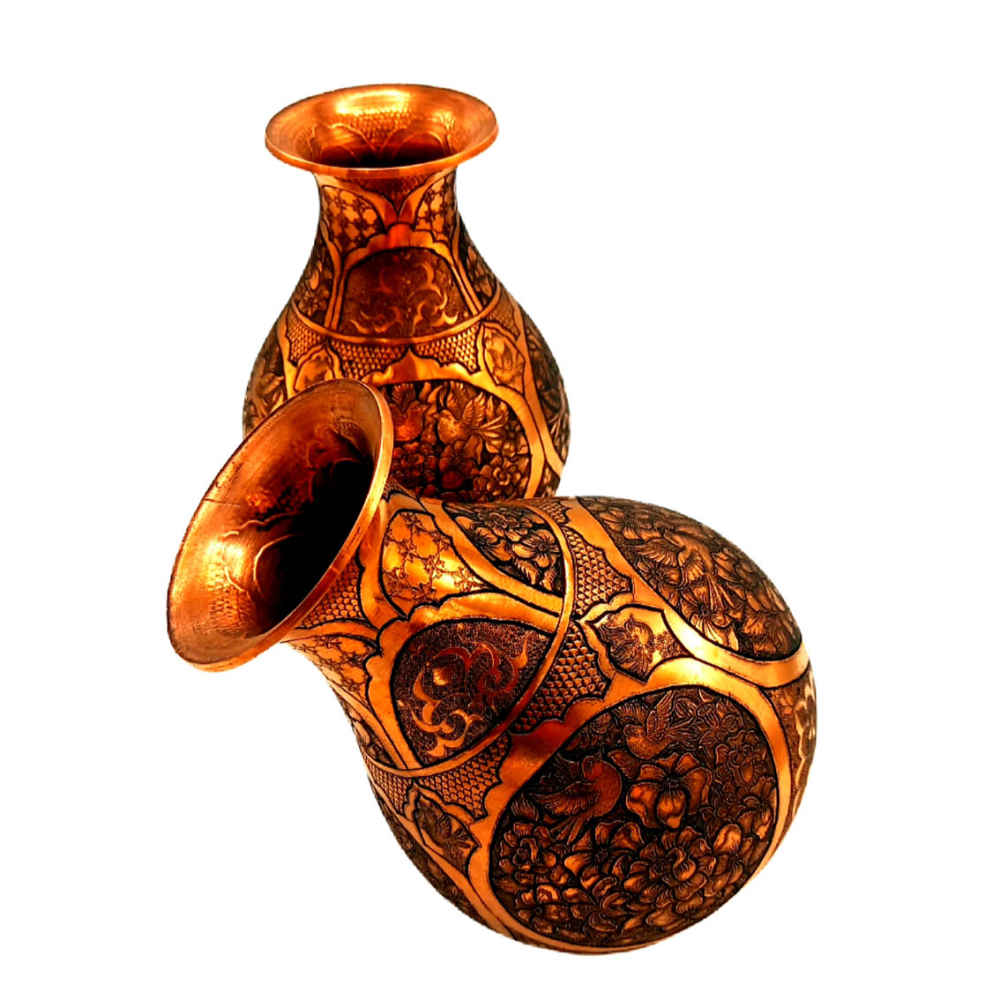 Vase décoratif en cuivre persan gravé fait main avec design Gol o Morgh