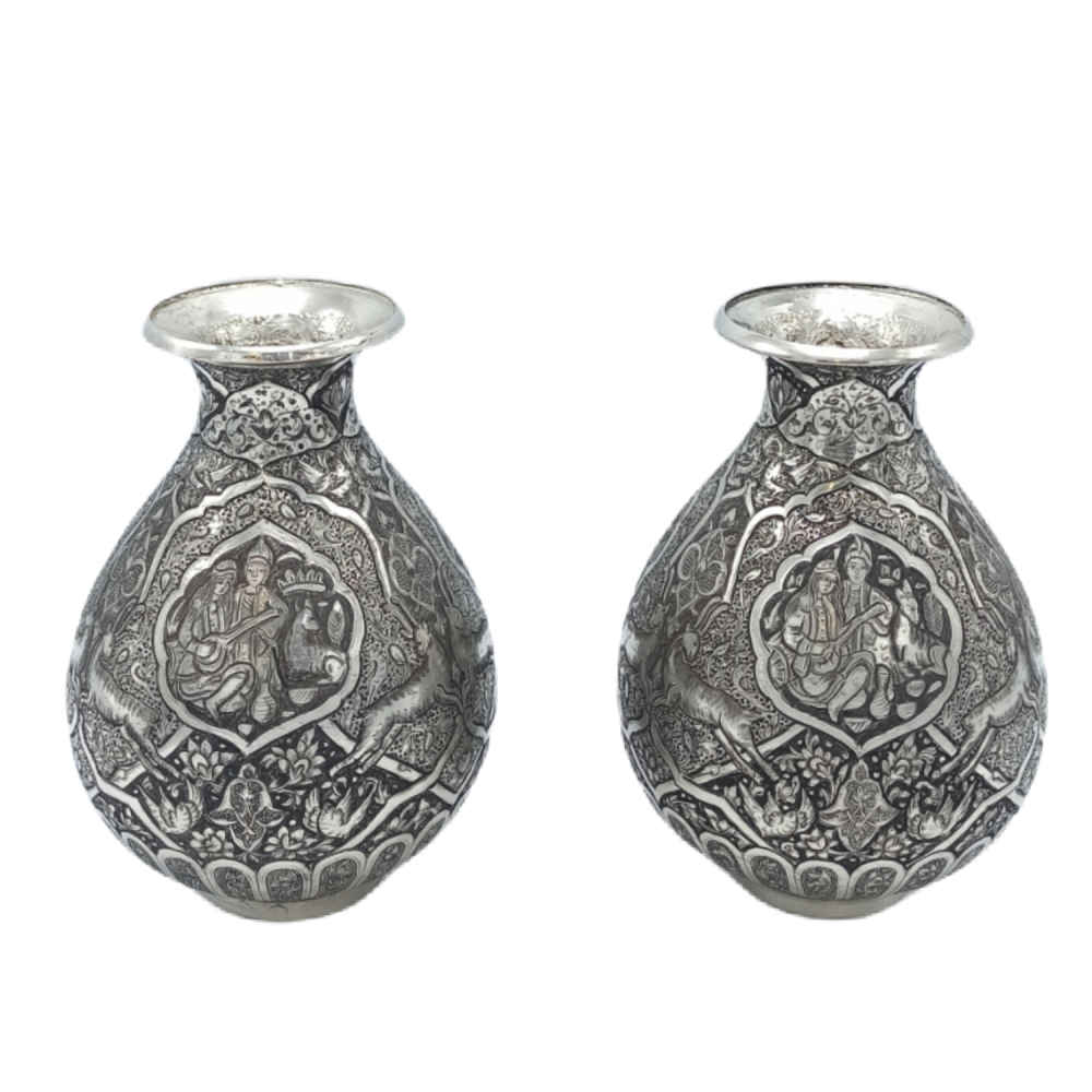 Vase décoratif en cuivre persan gravé fait main avec design Tazhib - Set de 2