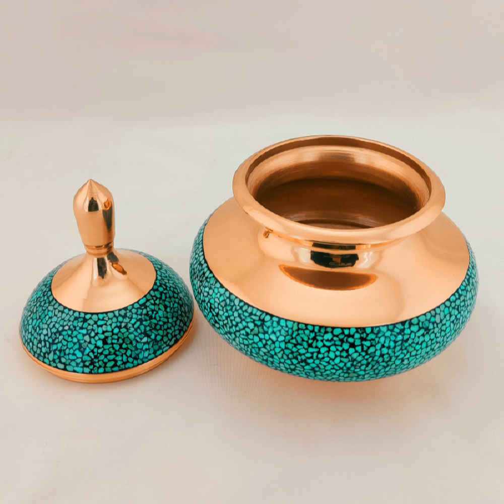Sucrier persan artisanal en cuivre incrusté de turquoise Yara