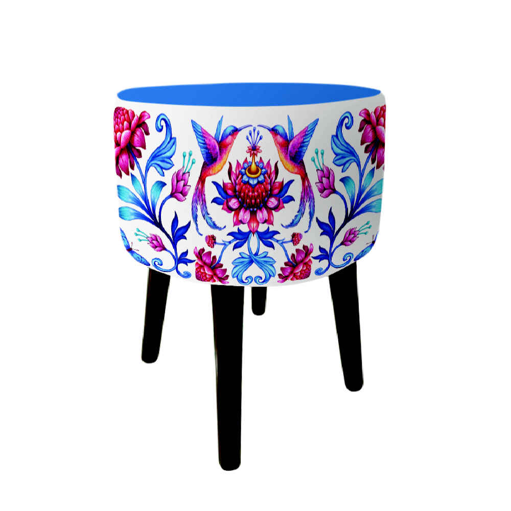 Pouf rond en velours avec pieds en bois inspiré de l'art persan bleu Arad