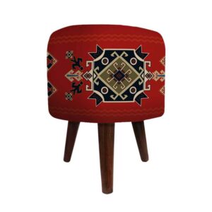 Pouf rond en velours avec pieds en bois inspiré de l’art persan rouge Arsham