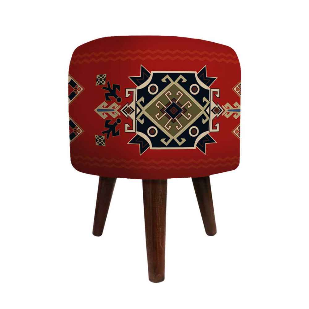 Pouf rond en velours avec pieds en bois inspiré de l'art persan rouge Arsham