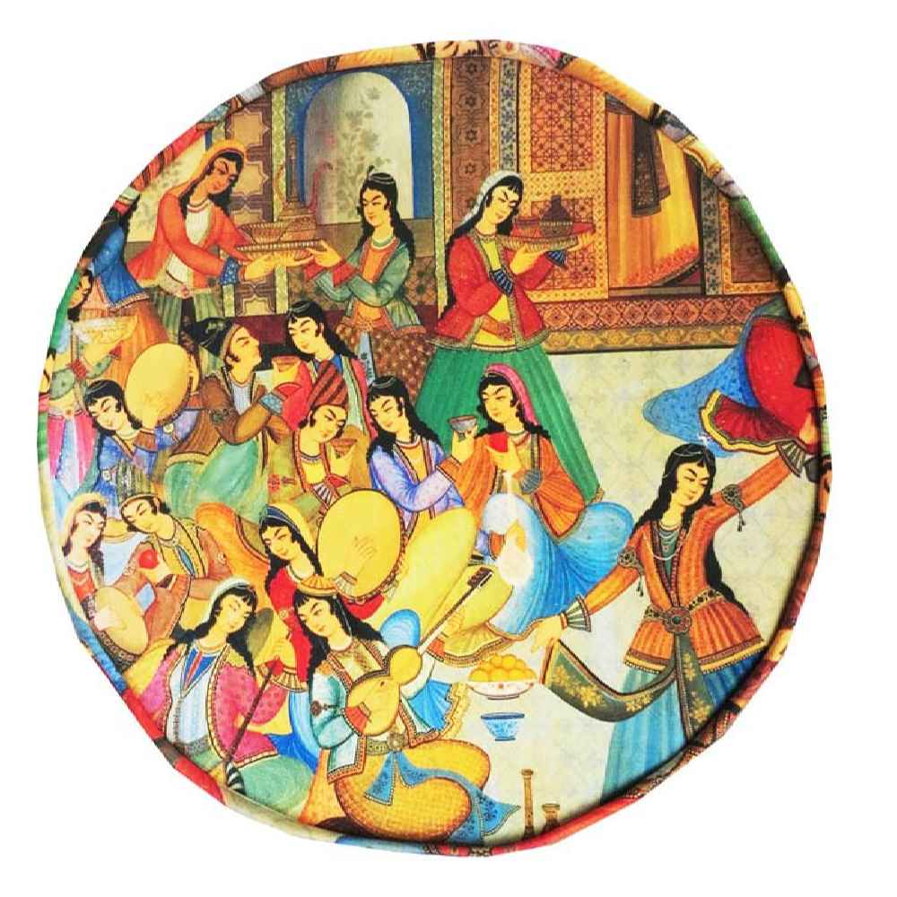 Pouf persan traditionnel avec pieds en bois et tissu en velours pictural