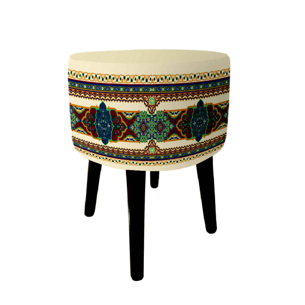 Pouf rond en velours avec pieds en bois inspiré de l'art persan crème Mehr