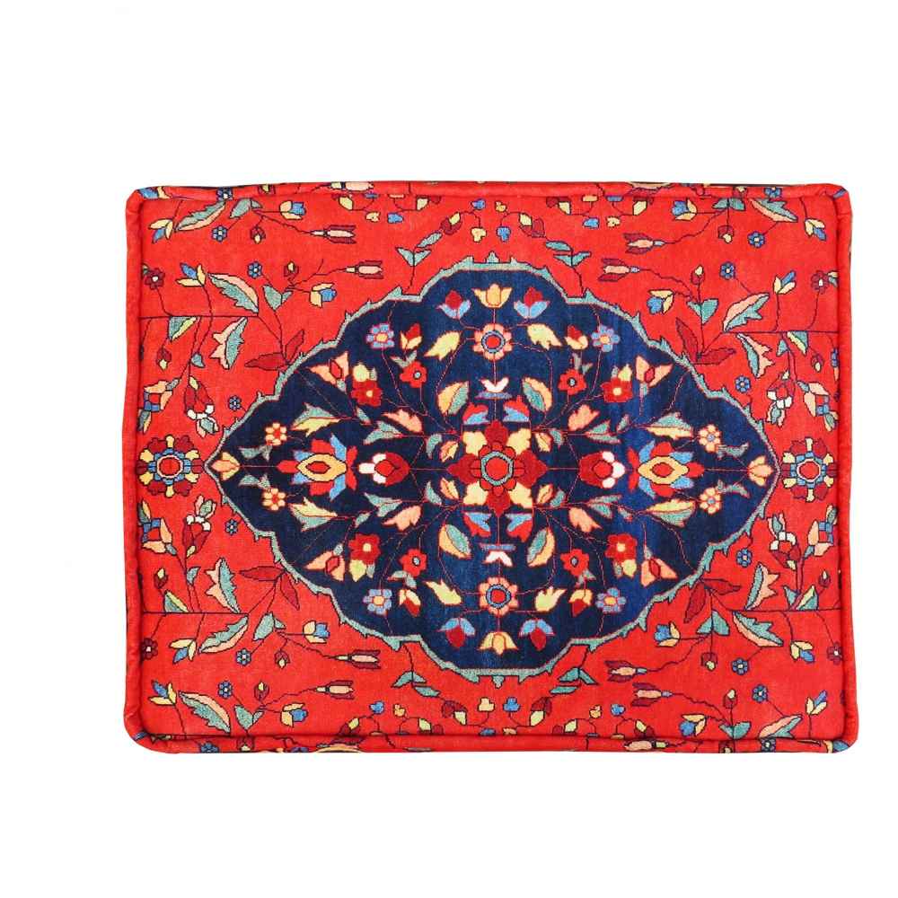 Pouf persan rouge traditionnel avec pieds en bois et tissu en velours Mona