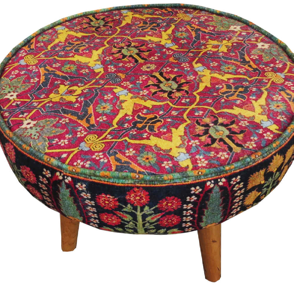 Pouf persan rouge traditionnel avec pieds en bois et tissu en velours Raya