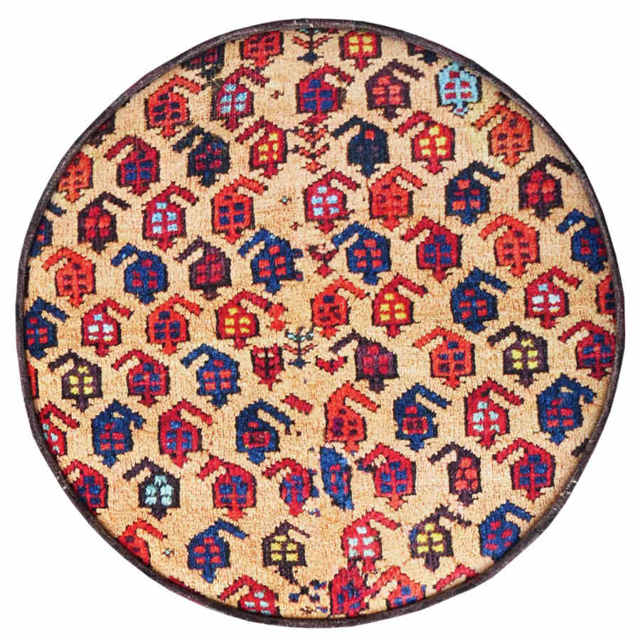 Pouf persan rouge traditionnel avec pieds en bois et tissu en velours