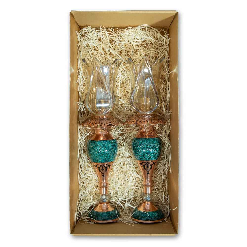 Bougeoir en cuivre persan fait à la main – Design incrusté de turquoise – Helma (2x)