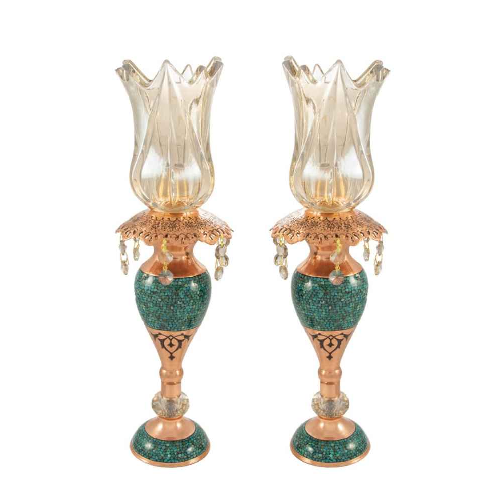 Bougeoir en cuivre persan fait à la main - Design incrusté de turquoise - Helma (2x)