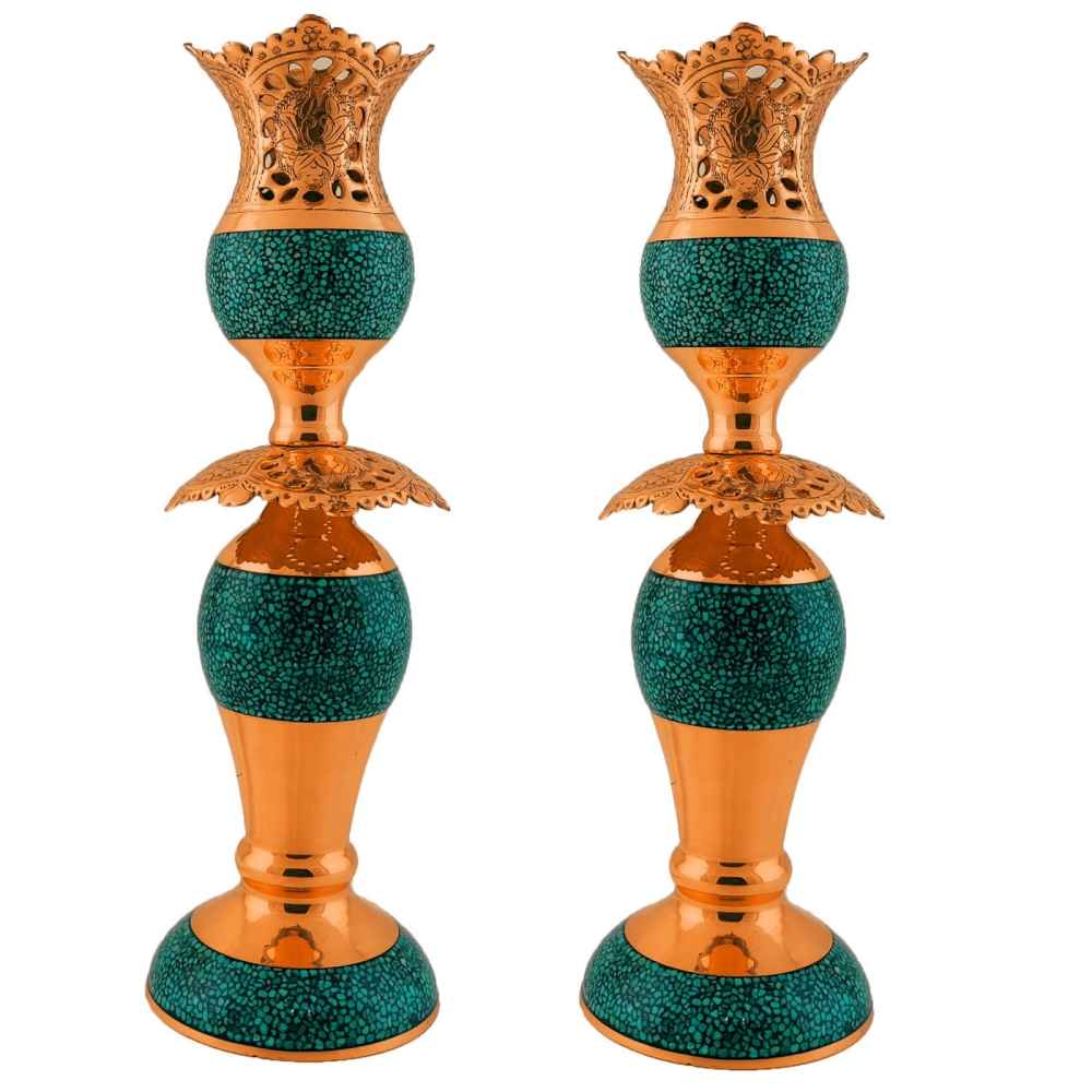 Bougeoir en cuivre persan fait à la main - Design incrusté de turquoise - Razeghi (2x)