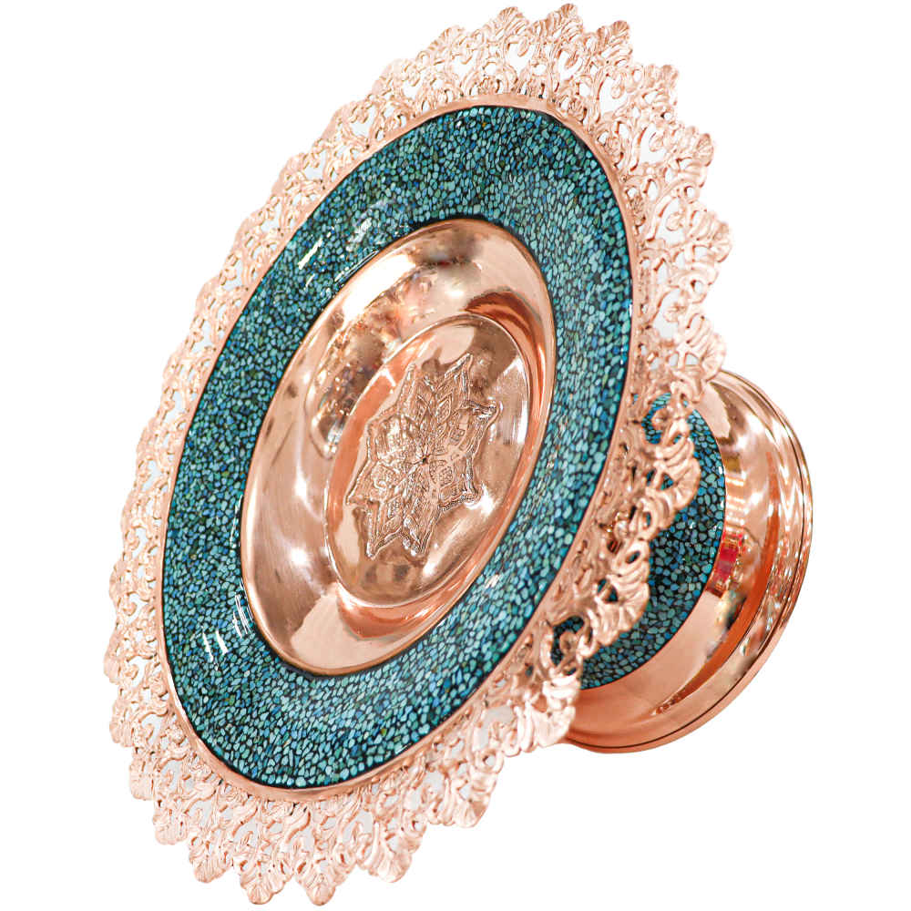 Plat sur Piédestal en Cuivre Incrusté de Turquoise Modèle Alma