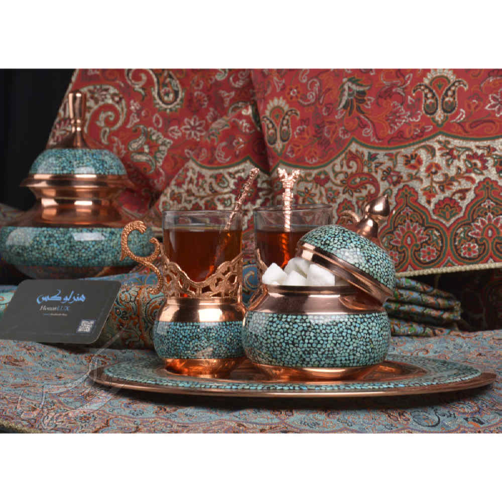Service à thé et café persan en cuivre fait main – Incrusté de turquoise Farima
