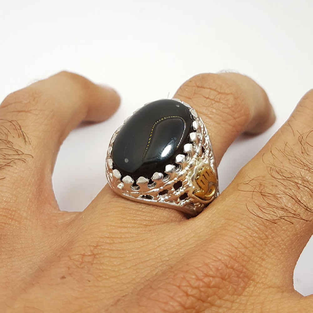 Bague en argent Aqeeq yéménite persane pour hommes – Noir