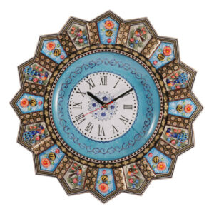 Horloge murale en bois persane artisanale – Art du marqueterie Khatam, Armaghan