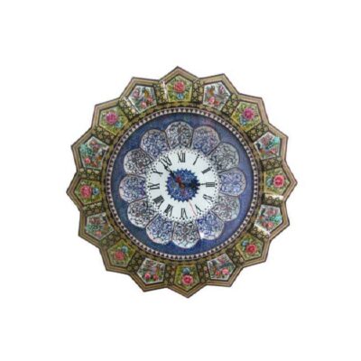 Horloge murale en bois persane artisanale – Art du marqueterie Khatam, Tiara