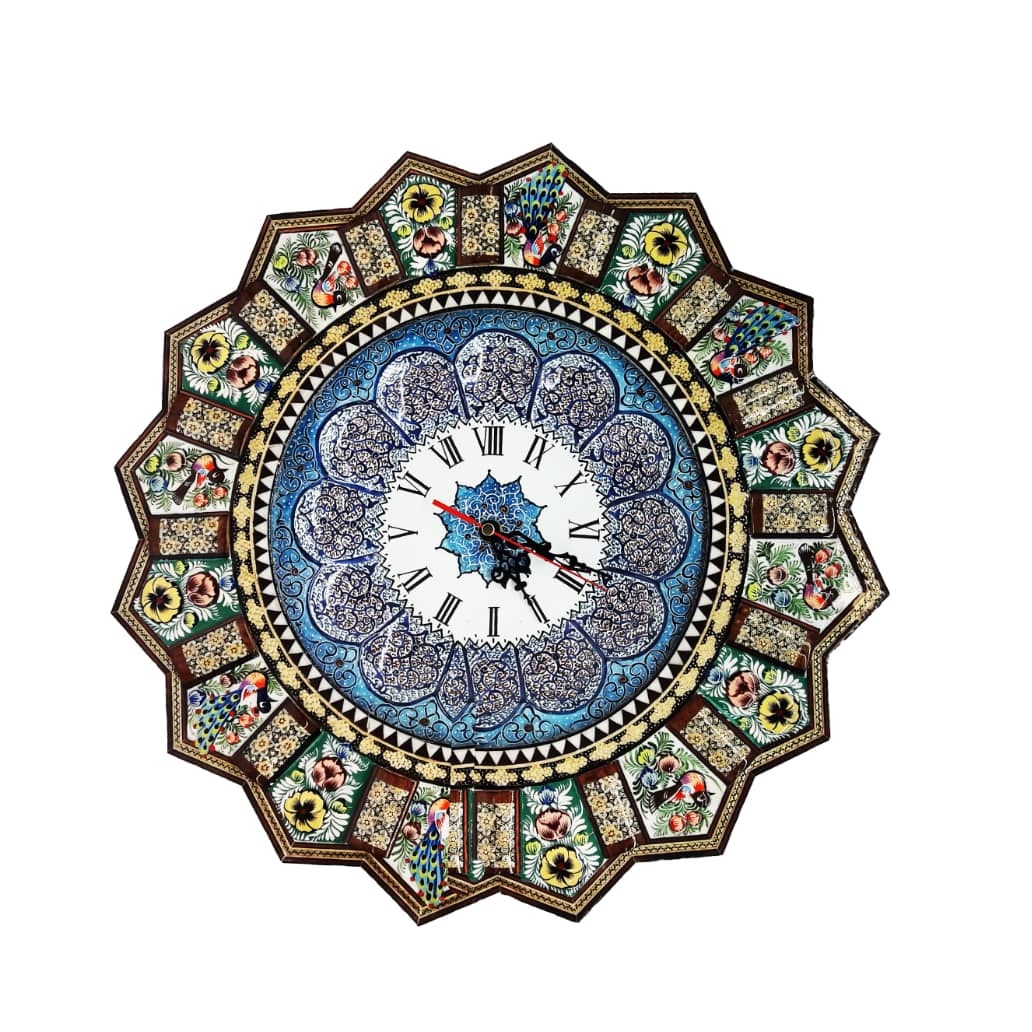 Horloge murale en bois persane artisanale - Art du marqueterie Khatam, Banoo