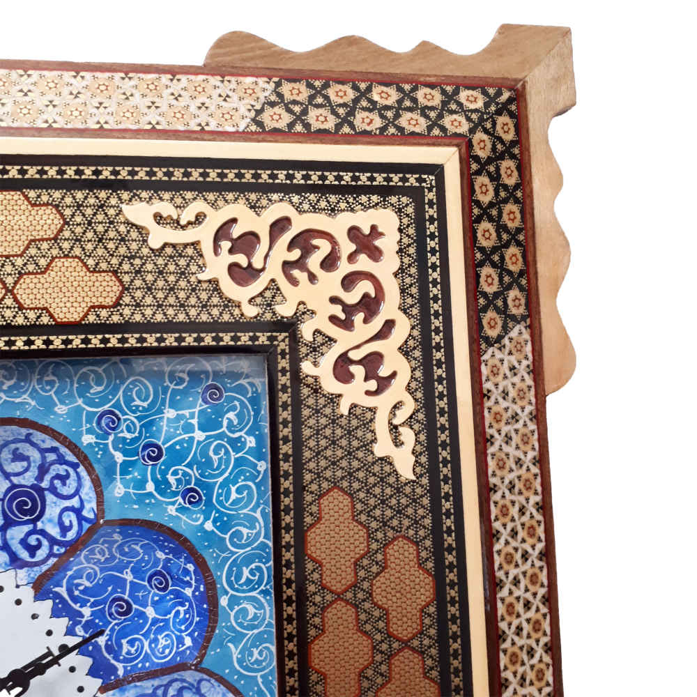 Horloge murale en bois persane artisanale – Art du marqueterie Khatam, Bina