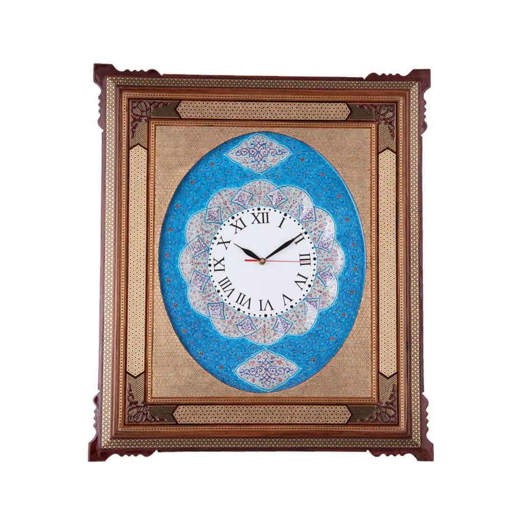 Horloge murale en bois persane artisanale - Art du marqueterie Khatam, Atieh