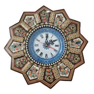 Horloge murale en bois persane artisanale – Art du marqueterie Khatam, Elena