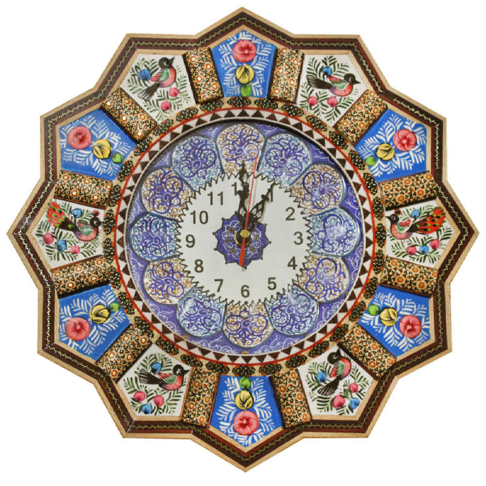 Horloge murale en bois persane artisanale - Art du marqueterie Khatam, Elma
