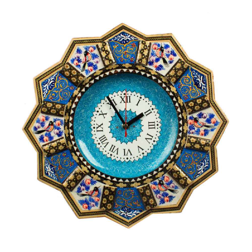 Horloge murale en bois persane artisanale - Art du marqueterie Khatam, Elnaz