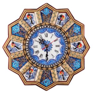 Horloge murale en bois persane artisanale – Art du marqueterie Khatam, Khorshidi