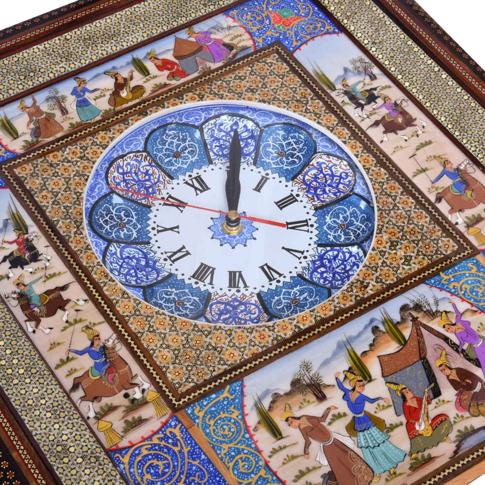 Horloge murale en bois persane artisanale – Art du marqueterie Khatam, Majles
