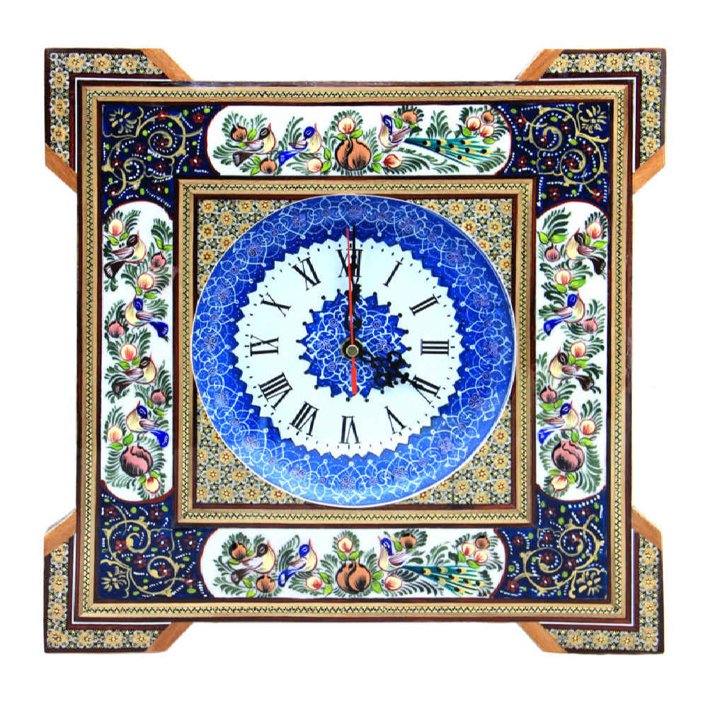 Horloge murale en bois persane artisanale - Art du marqueterie Khatam, Mina