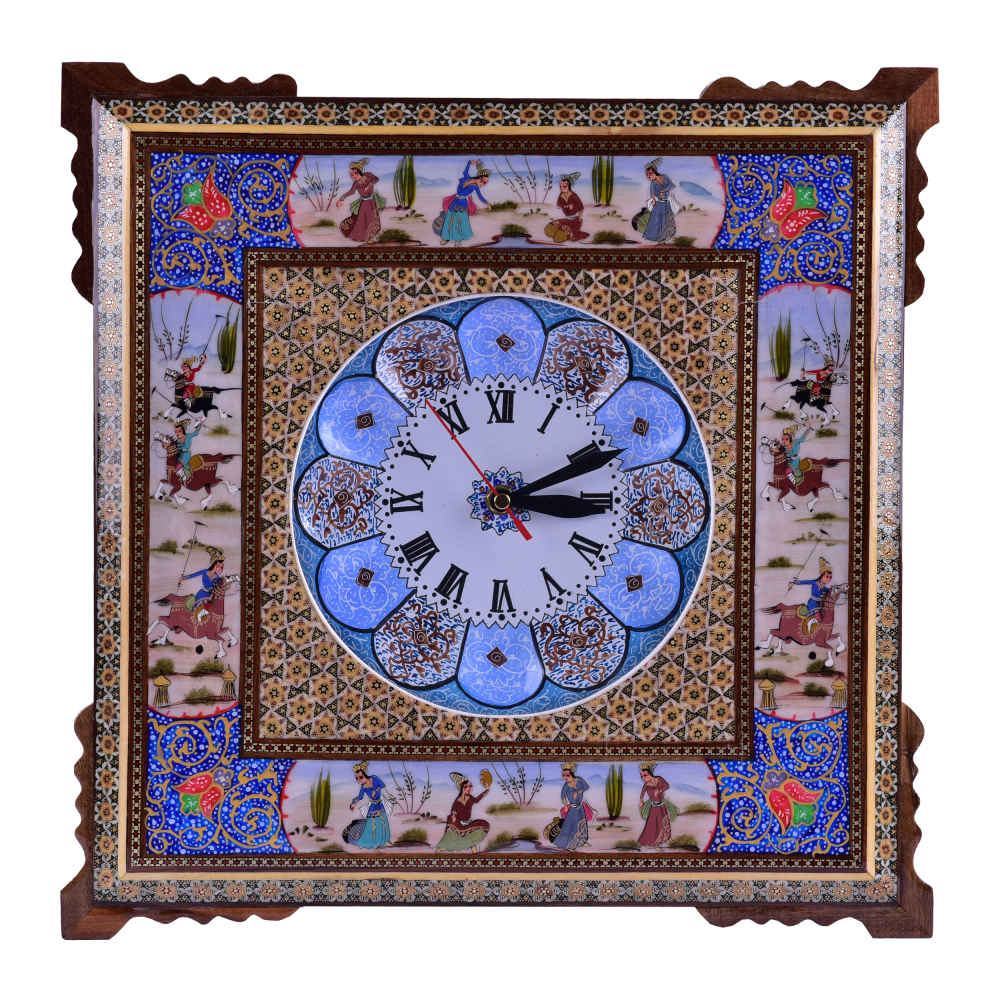 Horloge murale en bois persane artisanale - Art du marqueterie Khatam, Nafas
