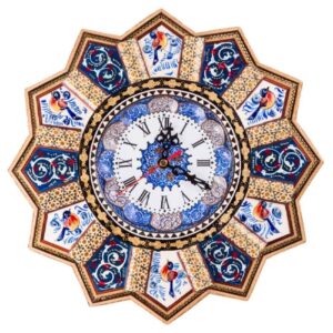 Horloge murale en bois persane artisanale – Art du marqueterie Khatam, Nil