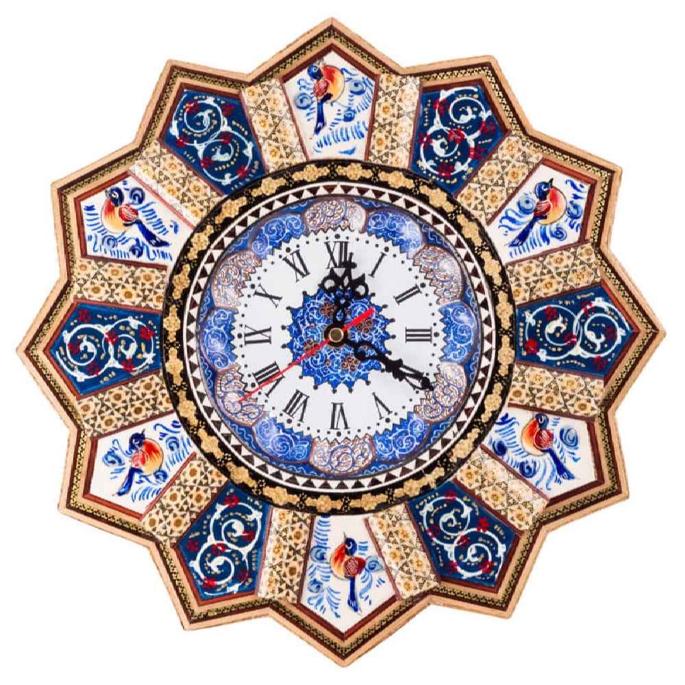 Horloge murale en bois persane artisanale - Art du marqueterie Khatam, Nil