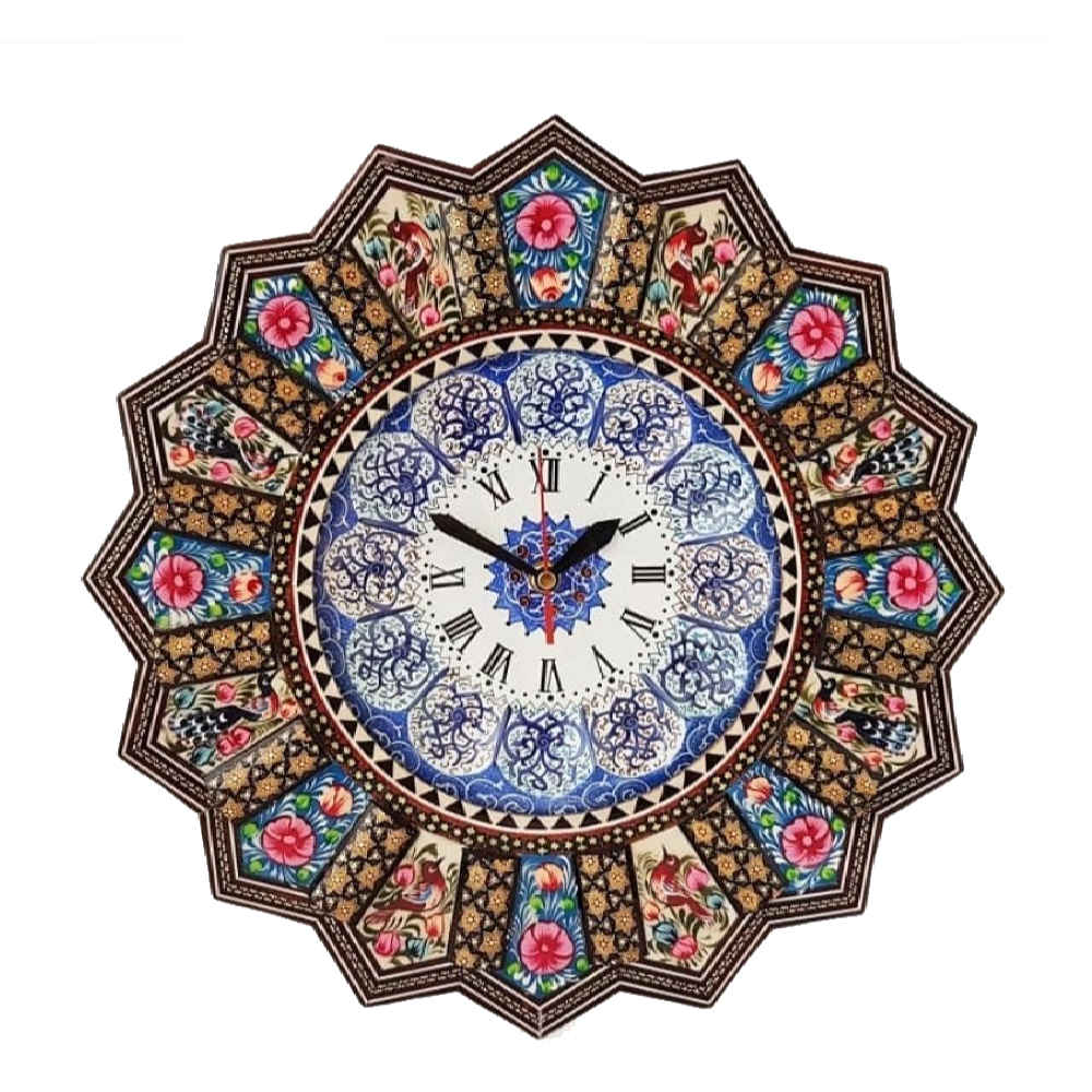 Horloge murale en bois persane artisanale - Art du marqueterie Khatam, Asieh